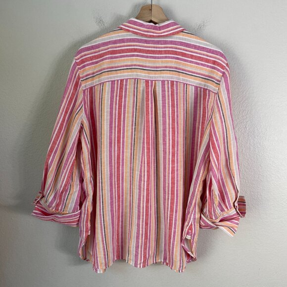 Chicos Womens 16 Pink Orange Striped 100% Linen Button Up Shirt Long Sleeve Top - Picture 11 of 12